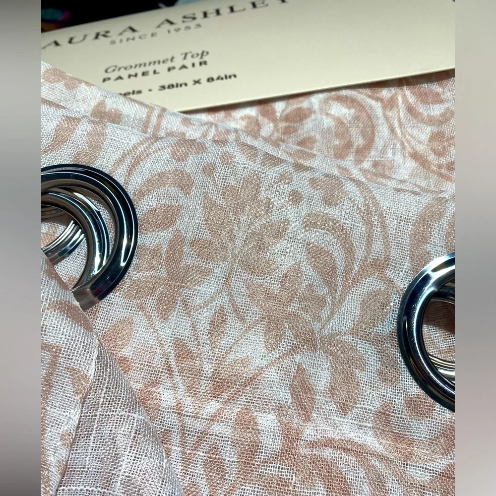 Laura Ashley Grommet Top Taupe White Floral Sheer Curtain Panel Pair 38